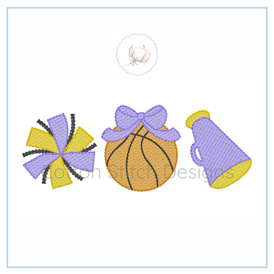 Machine Embroidery design Cotton Stitch Designs Embroidered design of a cheerleading pom-pom, basketball, and megaphone on a white background.