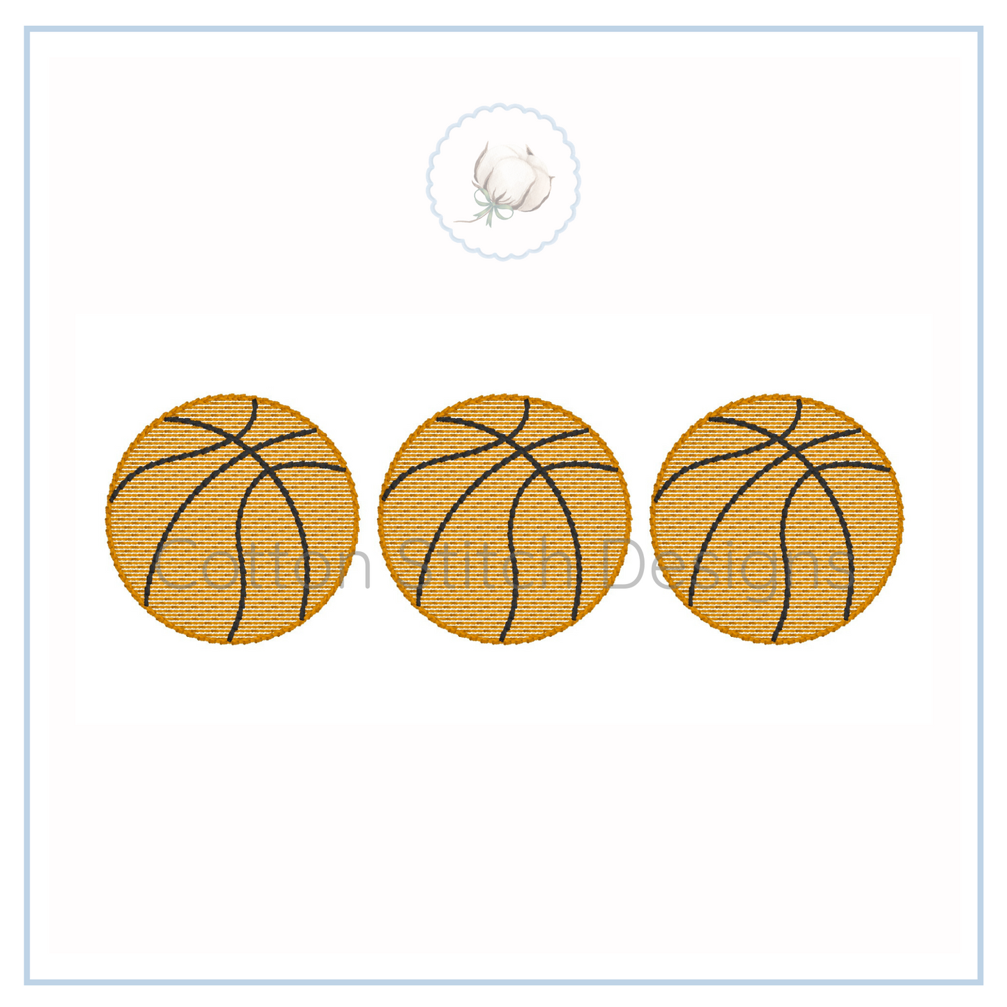 Machine Embroidery design Cotton Stitch Designs Three basketballs on a white card with a brand logo.