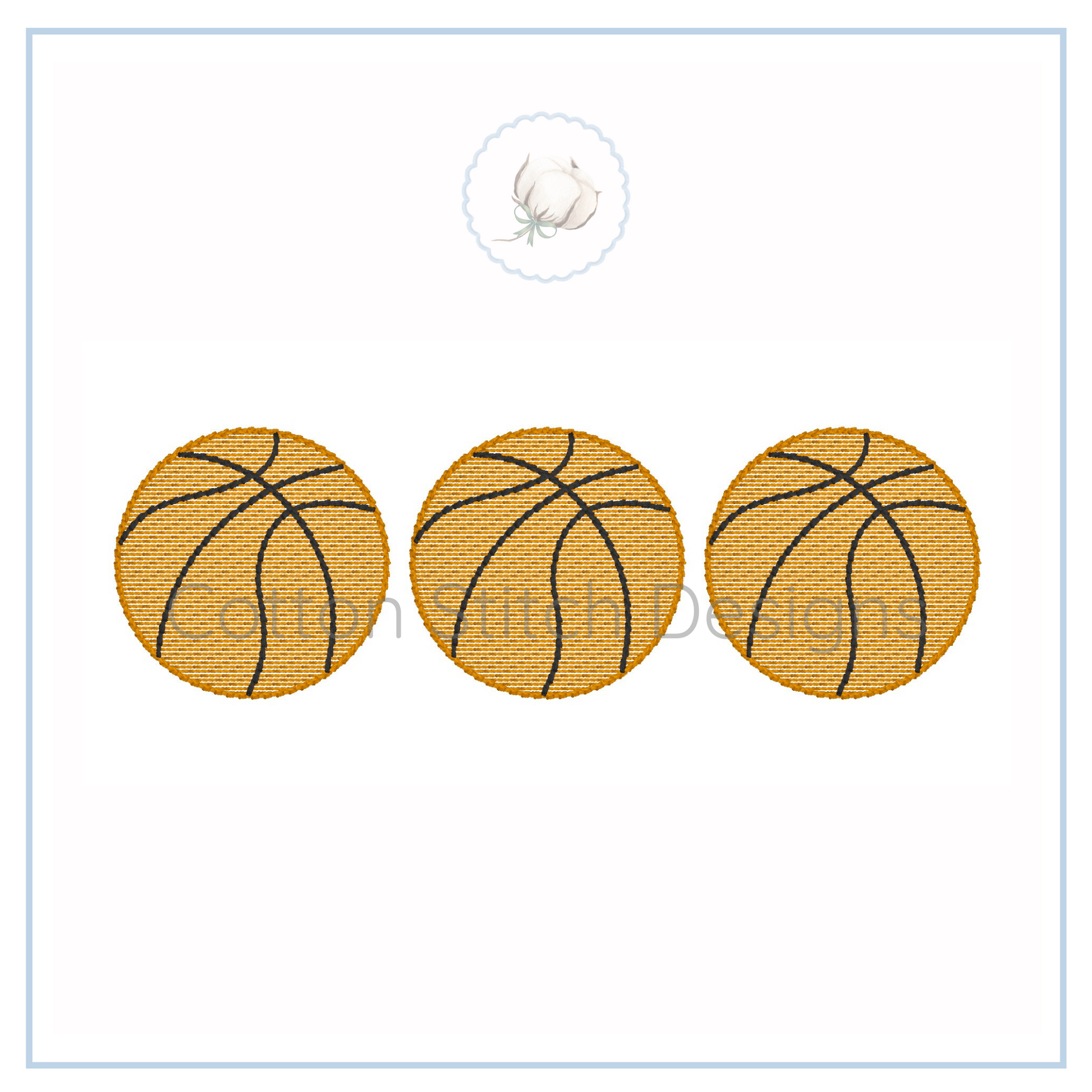 Machine Embroidery design Cotton Stitch Designs Three basketballs on a white card with a brand logo.
