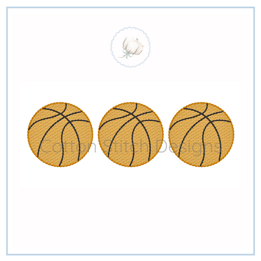 Machine Embroidery design Cotton Stitch Designs Three basketballs on a white card with a brand logo.