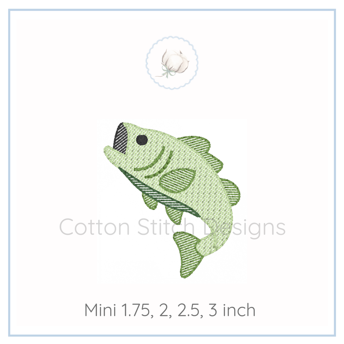 Machine Embroidery design Cotton Stitch Designs Embroidered fish design on a white background with 'Cotton Stitch Designs' branding.