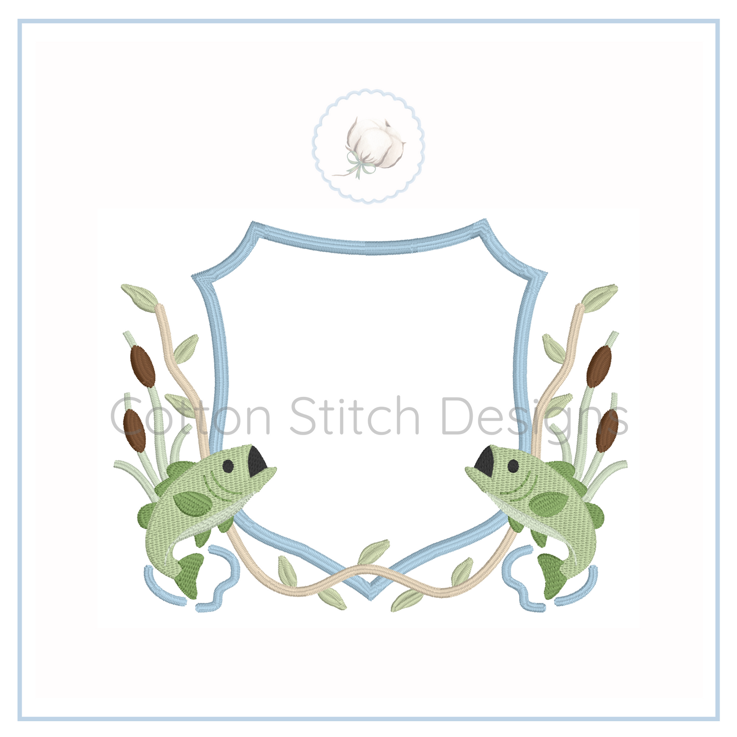Machine Embroidery design Cotton Stitch Designs Embroidery design with two fish and a crest shape on a white background, featuring 'Cotton Stitch Designs' text.