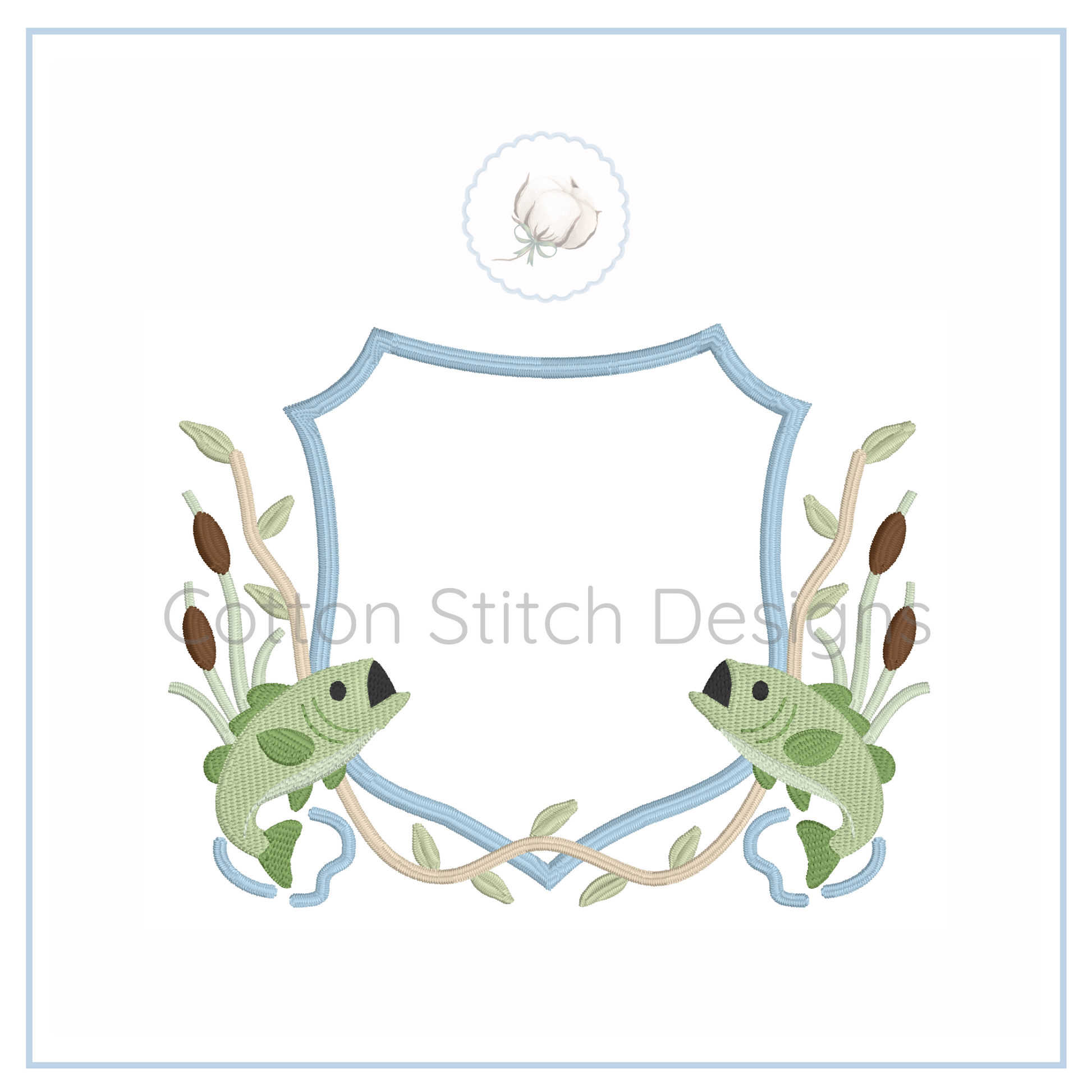 Machine Embroidery design Cotton Stitch Designs Embroidery design with two fish and a crest shape on a white background, featuring 'Cotton Stitch Designs' text.