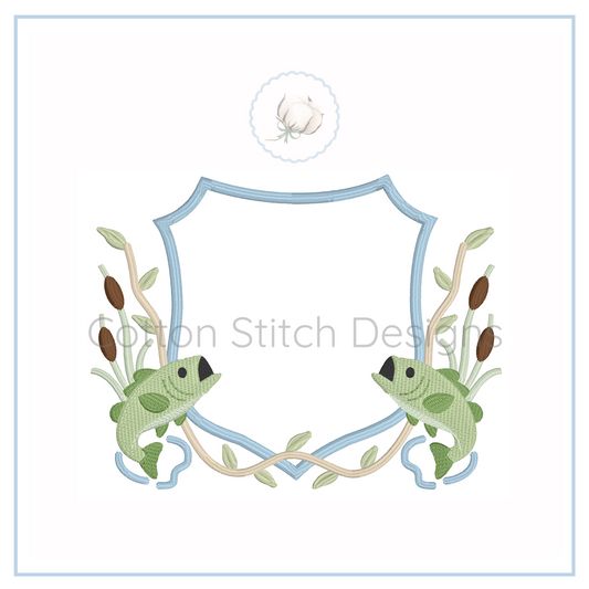 Machine Embroidery design Cotton Stitch Designs Embroidery design with two fish and a crest shape on a white background, featuring 'Cotton Stitch Designs' text.