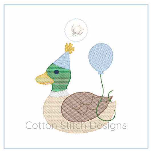 Machine Embroidery design Cotton Stitch Designs Embroidered design of a duck with a party hat and balloon, featuring the brand 'Cotton Stitch Designs'.