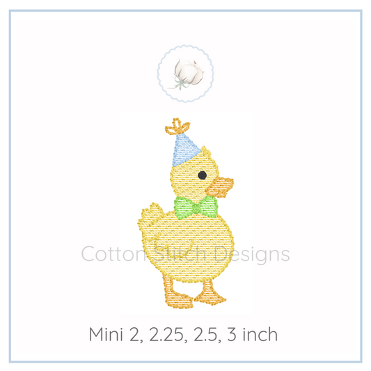 Machine Embroidery design Cotton Stitch Designs Embroidery design of a duck with a hat and bow tie on a white background, featuring the brand 'Cotton Stitch Designs'.