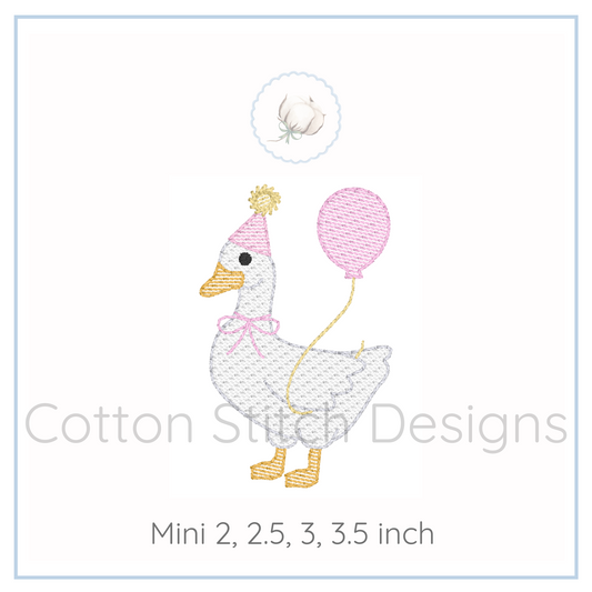 Machine Embroidery design Cotton Stitch Designs Embroidery design of a duck with a balloon and party hat on a white background, branded 'Cotton Stitch Designs'.
