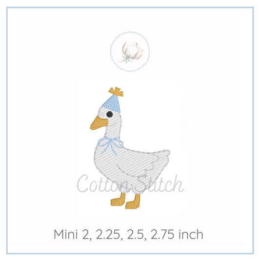 Machine Embroidery design Cotton Stitch Designs Embroidered goose design with a blue hat on a white background, featuring the brand 'Cotton Stitch'.
