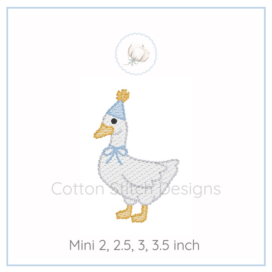 Machine Embroidery design Cotton Stitch Designs Cross-stitched duck design with a blue hat on a white background, featuring the brand 'Cotton Stitch Designs'.