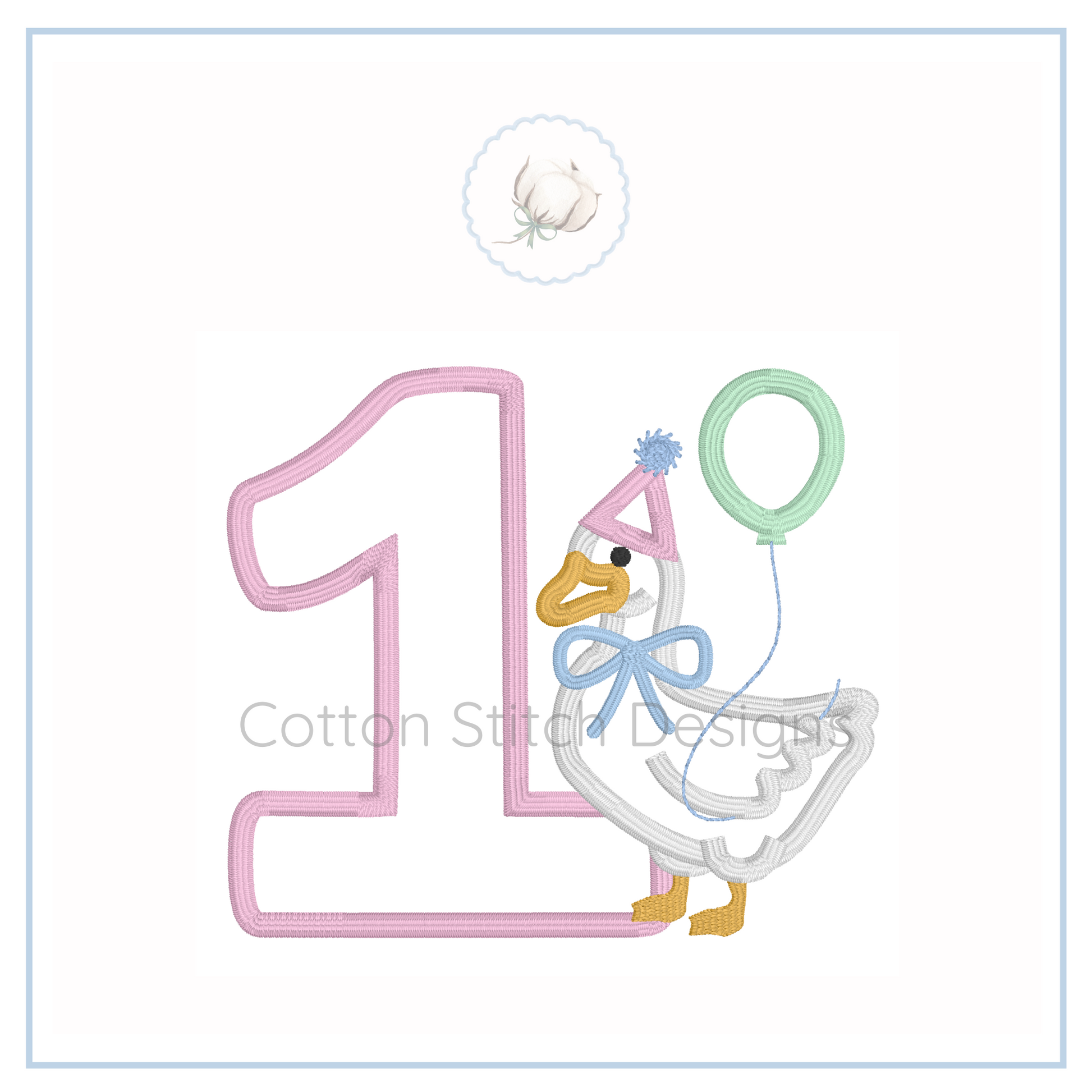Machine Embroidery design Cotton Stitch Designs Embroidery design of a duckling with a balloon and number '1' on a white background.