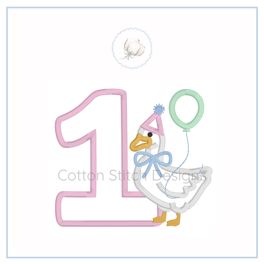 Machine Embroidery design Cotton Stitch Designs Embroidery design of a duckling with a balloon and number '1' on a white background.