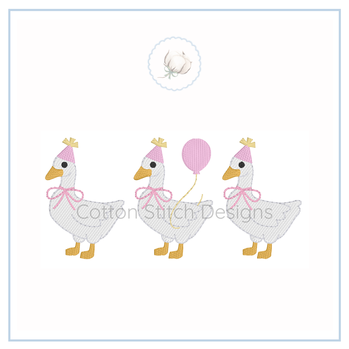 Machine Embroidery design Cotton Stitch Designs Three cartoon ducks with party hats and a balloon, designed by Cotton Stitch Designs.