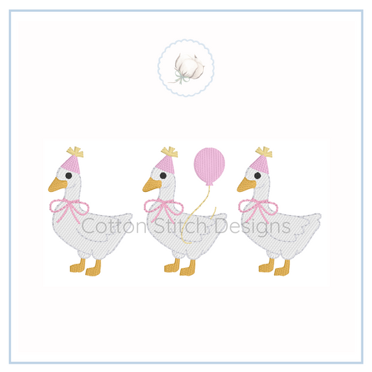 Machine Embroidery design Cotton Stitch Designs Three cartoon ducks with party hats and a balloon, designed by Cotton Stitch Designs.