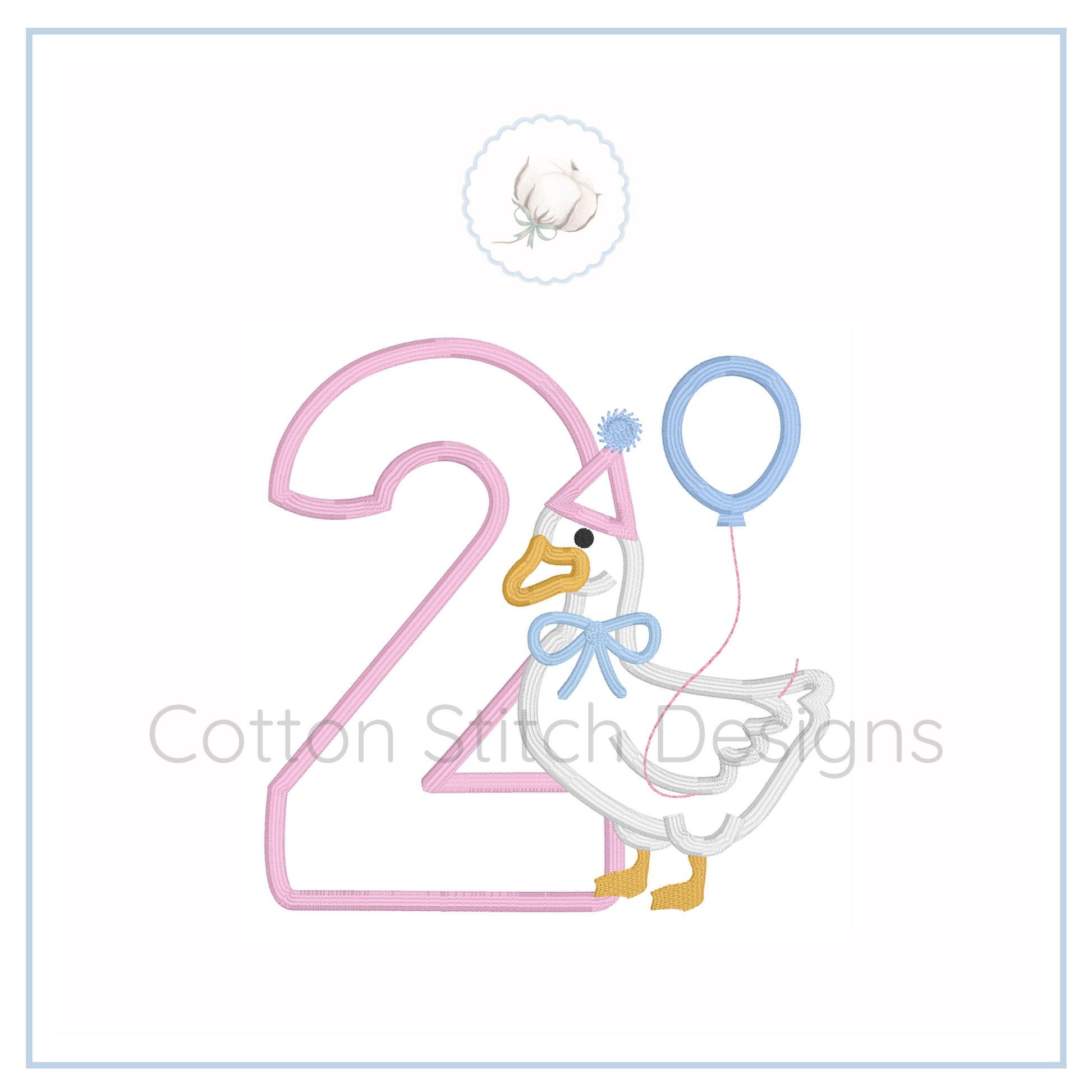 Machine Embroidery design Cotton Stitch Designs Embroidery design of a goose with balloons and number 2, featuring the brand 'Cotton Stitch Designs'.