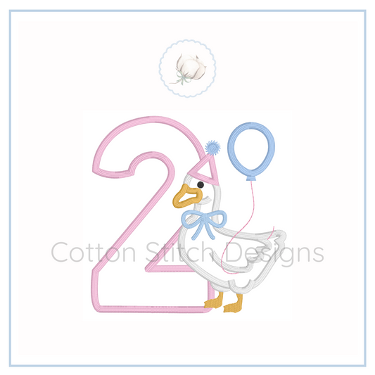 Machine Embroidery design Cotton Stitch Designs Embroidery design of a goose with balloons and number 2, featuring the brand 'Cotton Stitch Designs'.