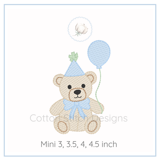 Machine Embroidery design Cotton Stitch Designs Teddy bear with a blue hat and balloon, featuring Cotton Stitch Designs branding.