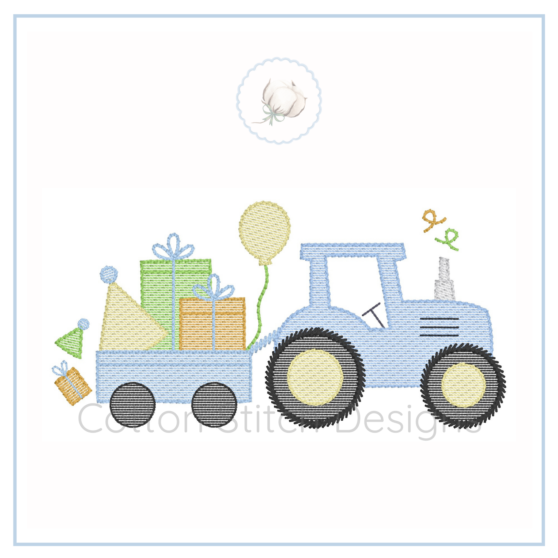 Machine Embroidery design Cotton Stitch Designs Embroidered design of a blue tractor with gifts and balloons on a white background