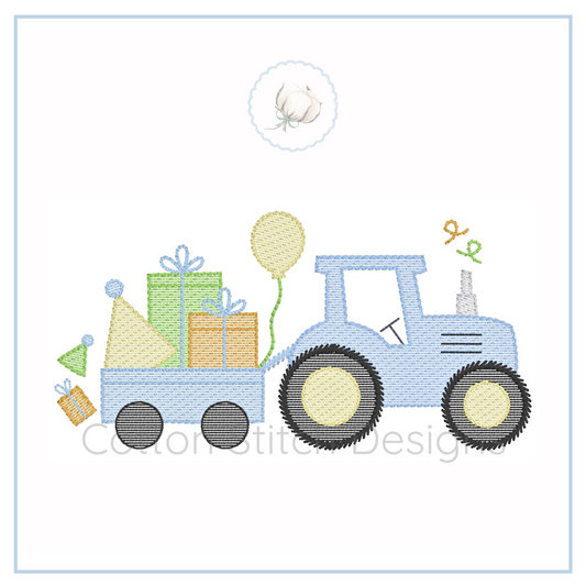 Machine Embroidery design Cotton Stitch Designs Embroidered design of a blue tractor with gifts and balloons on a white background