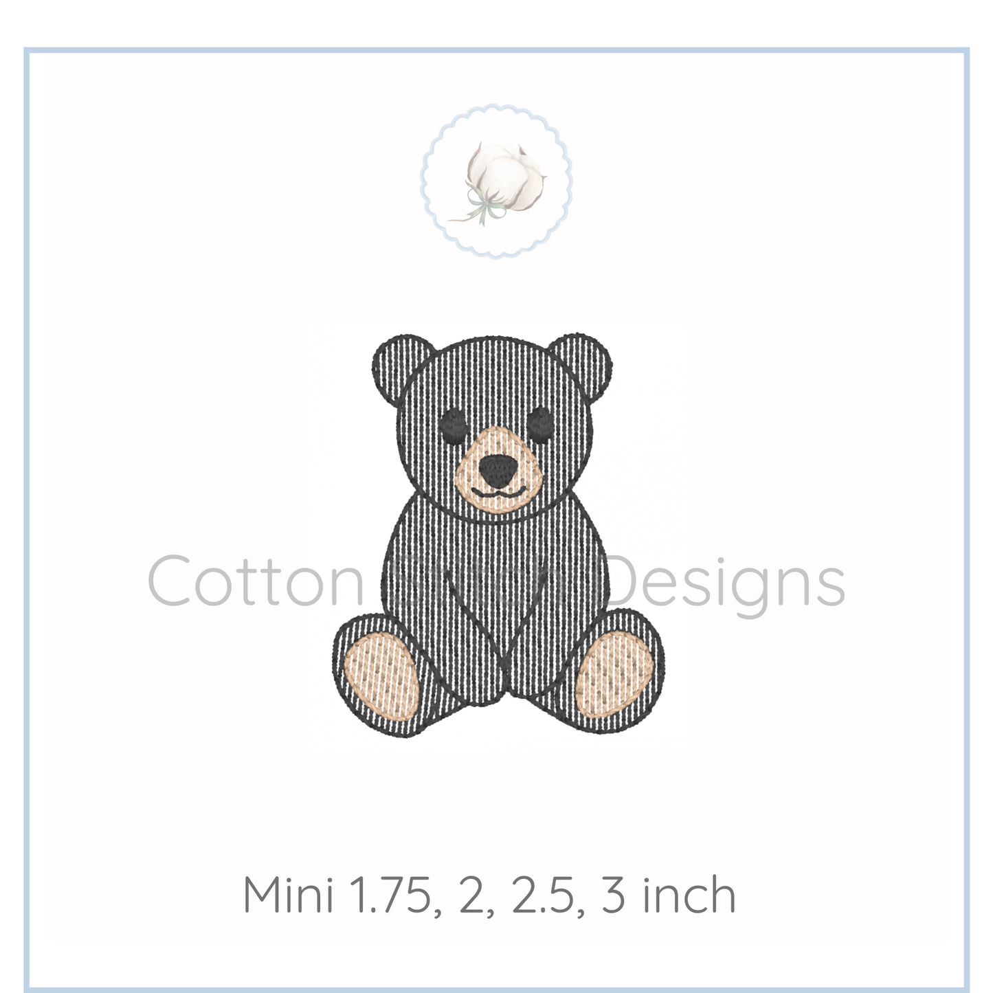 Machine Embroidery design Cotton Stitch Designs Embroidered bear design with size options on a white background