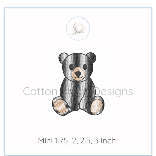 Machine Embroidery design Cotton Stitch Designs Embroidered bear design with size options on a white background