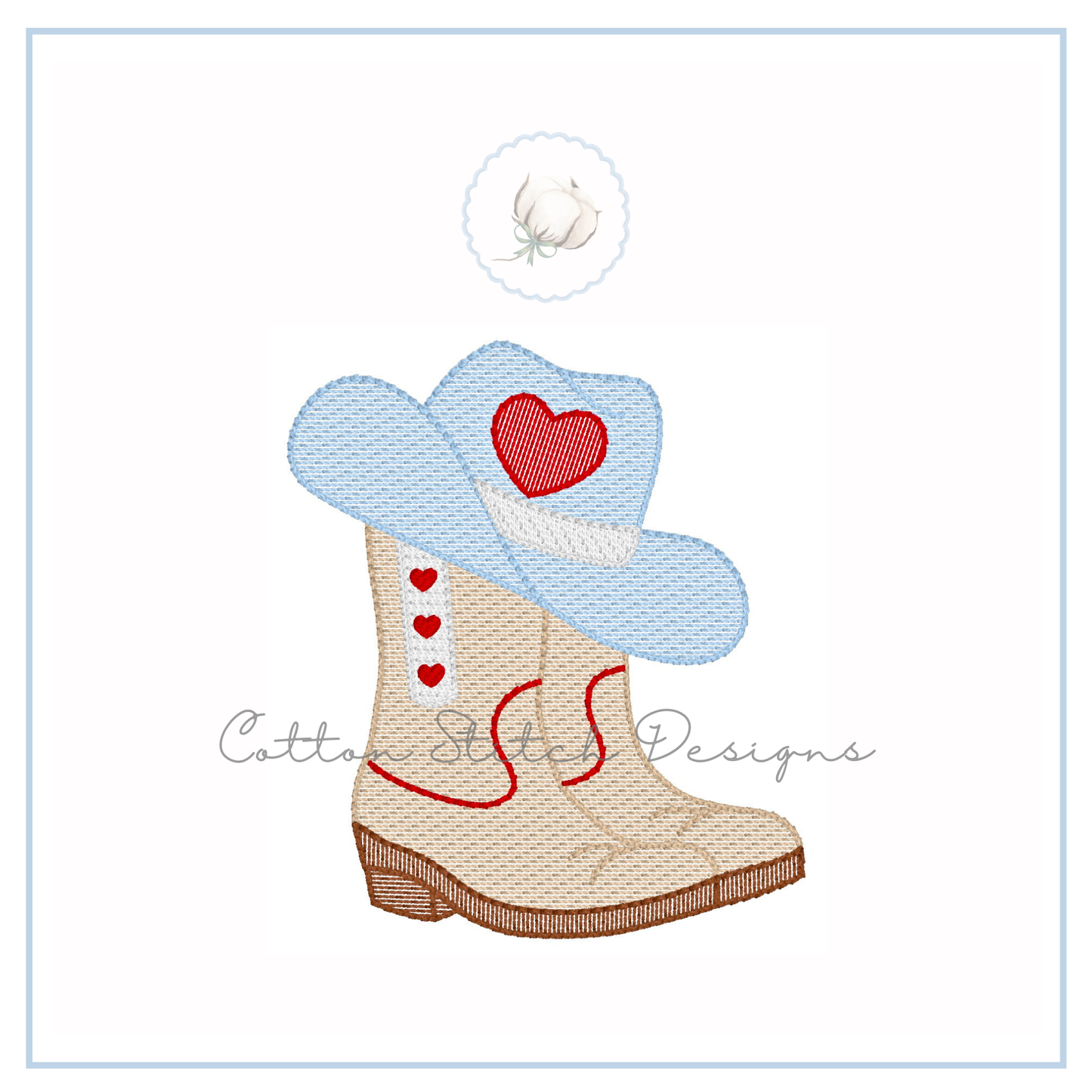 Cowboy Boots and Heart Hat Sketch Embroidery Design