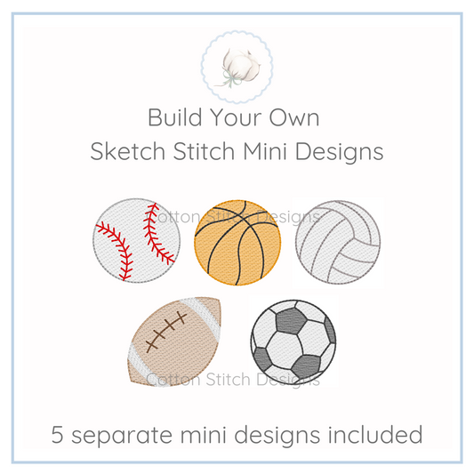 Machine Embroidery design Cotton Stitch Designs Five mini designs of sports balls with text 'Build Your Own Sketch Stitch Mini Designs' and '5 separate mini designs included'.