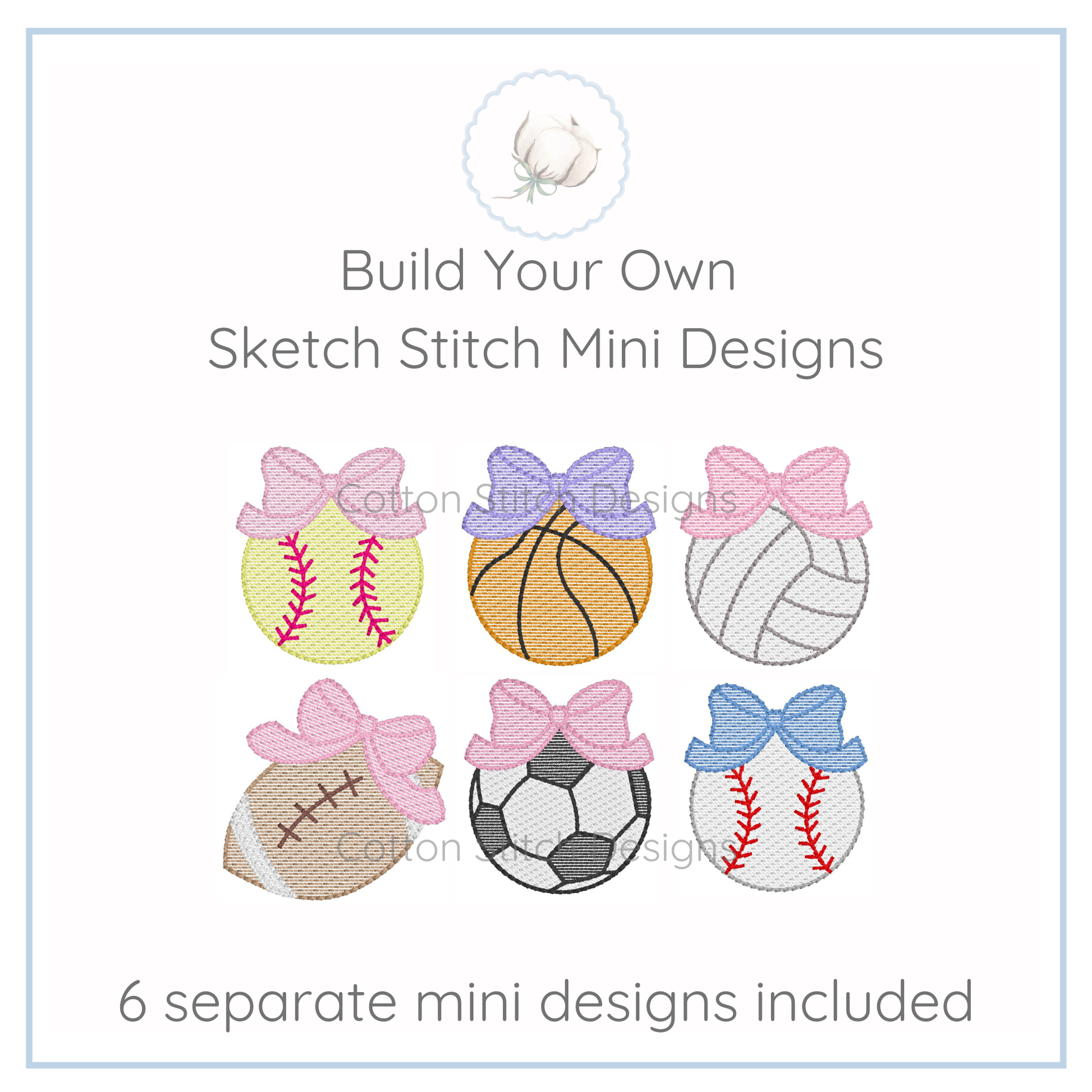 Machine Embroidery design Cotton Stitch Designs Set of six mini designs with sports balls and bows.