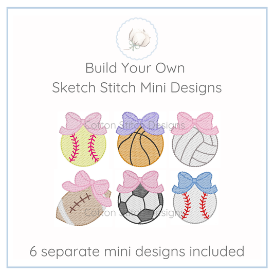 Machine Embroidery design Cotton Stitch Designs Set of six mini designs with sports balls and bows.