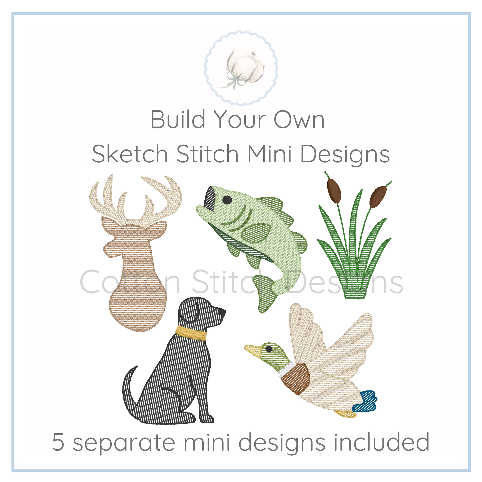Machine Embroidery design Cotton Stitch Designs Promotional graphic for 'Build Your Own Sketch Stitch Mini Designs' with illustrations of a deer, fish, dog, and duck.