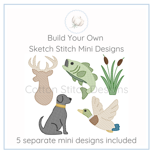 Machine Embroidery design Cotton Stitch Designs Promotional graphic for 'Build Your Own Sketch Stitch Mini Designs' with illustrations of a deer, fish, dog, and duck.