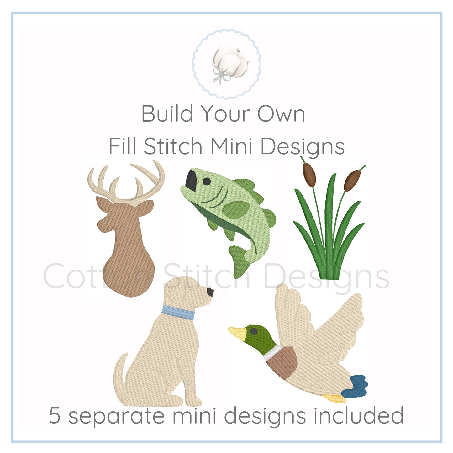 Machine Embroidery design Cotton Stitch Designs Set of fill stitch mini designs including a deer, fish, dog, and duck on a white background.