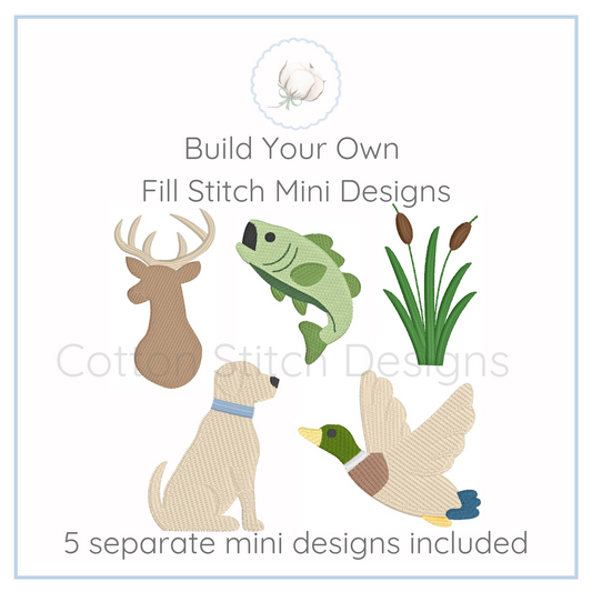 Machine Embroidery design Cotton Stitch Designs Set of fill stitch mini designs including a deer, fish, dog, and duck on a white background.