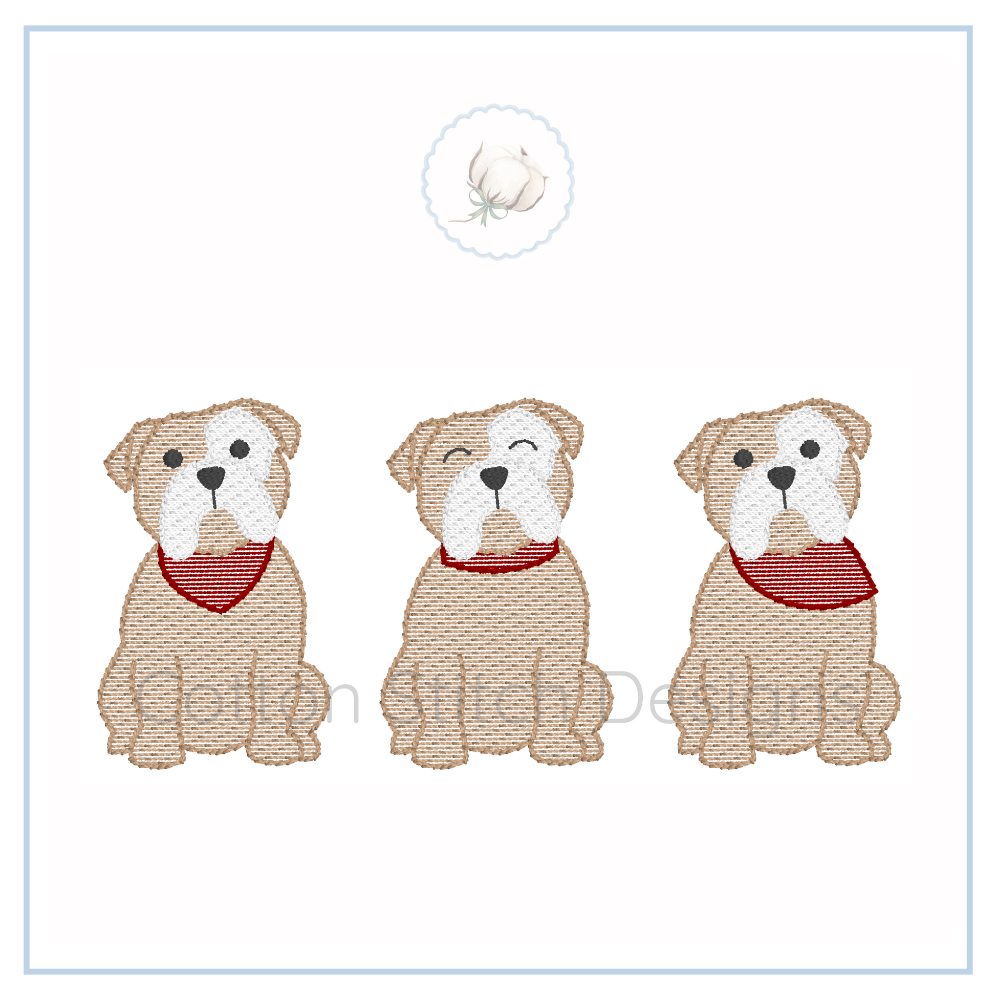 Machine Embroidery design Cotton Stitch Designs Three cartoon bulldogs with red bandanas on a white background