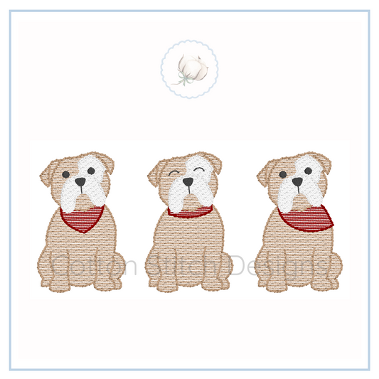 Machine Embroidery design Cotton Stitch Designs Three cartoon bulldogs with red bandanas on a white background
