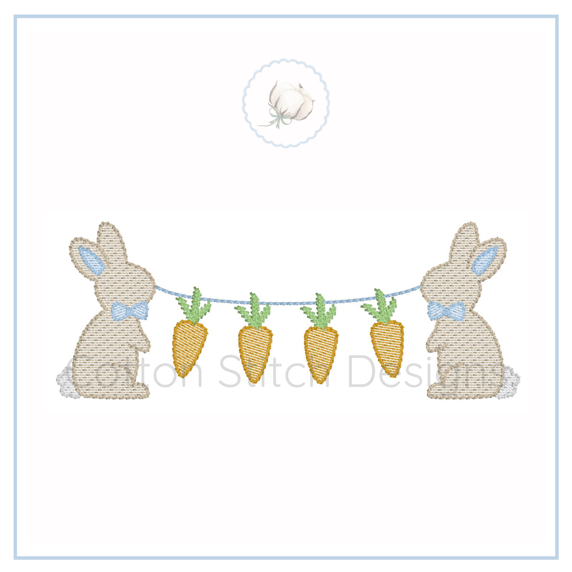 Machine Embroidery design Cotton Stitch Designs Embroidered design of two bunnies and carrots on a white background with 'Botton Stitches' branding.