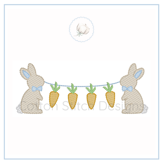 Machine Embroidery design Cotton Stitch Designs Embroidered design of two bunnies and carrots on a white background with 'Botton Stitches' branding.