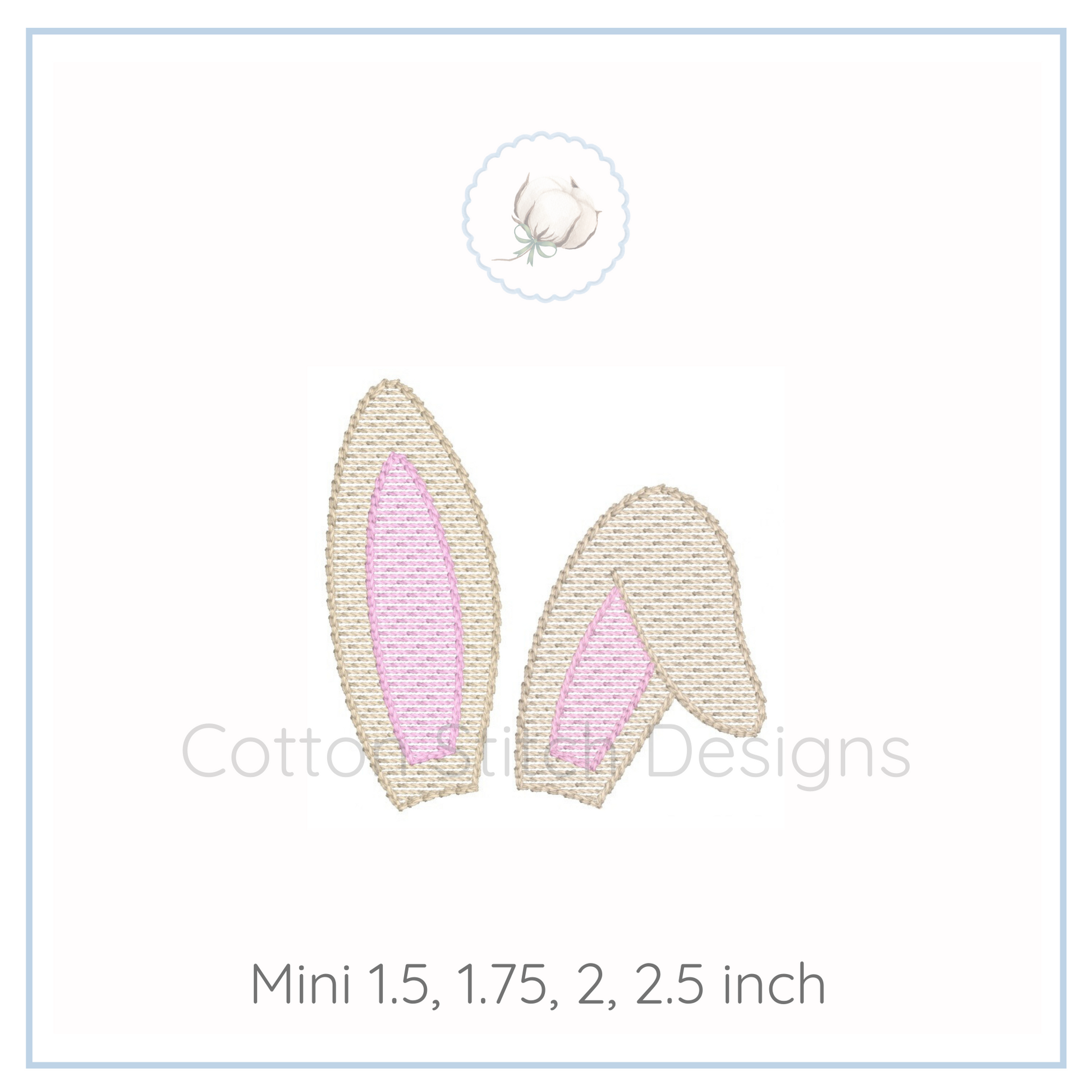 Machine Embroidery design Cotton Stitch Designs Bunny ears with pink inner lining on a white background, labeled 'Cotton Bunnies Designs'.