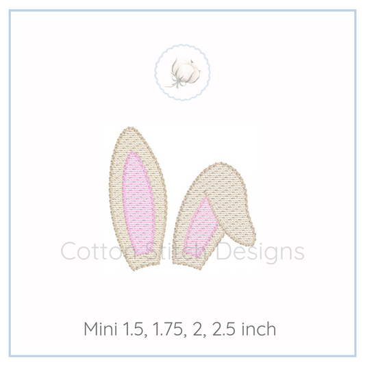 Machine Embroidery design Cotton Stitch Designs Bunny ears with pink inner lining on a white background, labeled 'Cotton Bunnies Designs'.