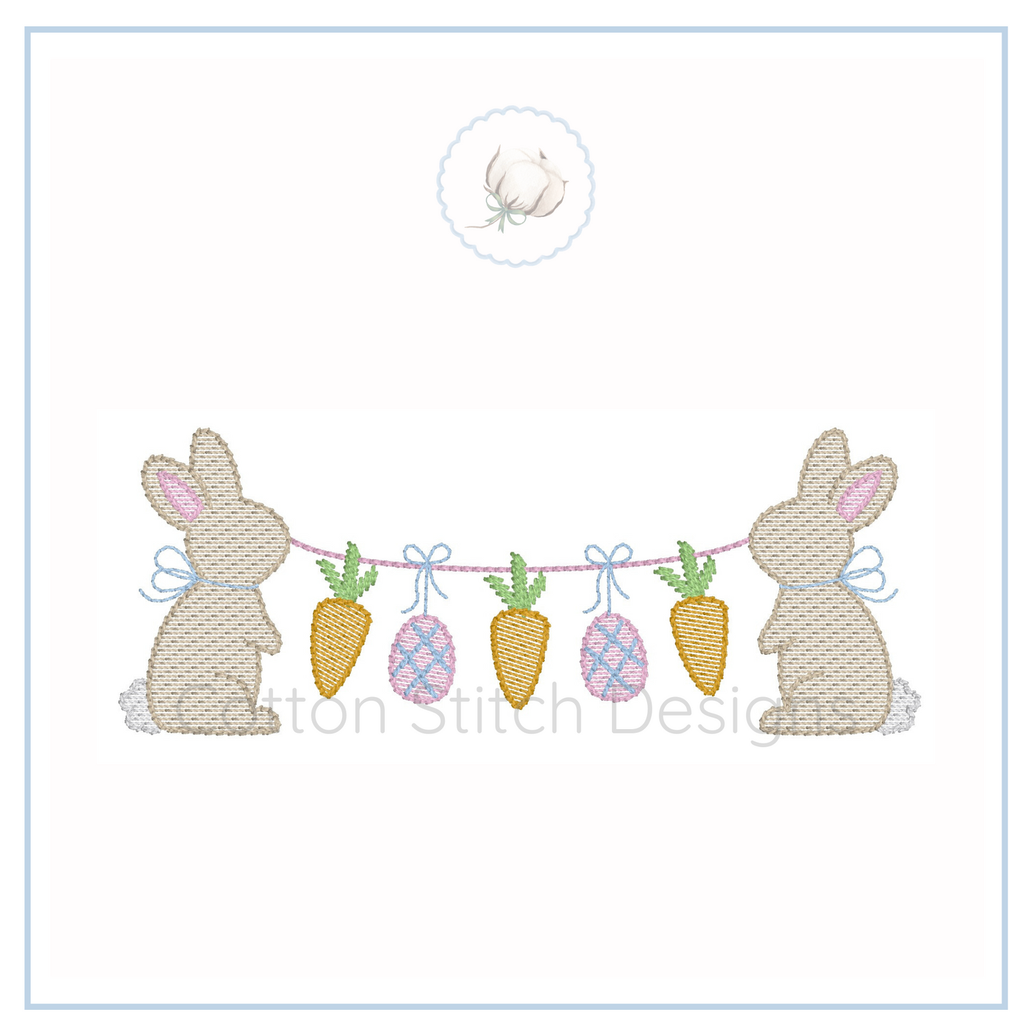 Machine Embroidery design Cotton Stitch Designs Embroidery design of two bunnies with carrots and Easter eggs on a white background.