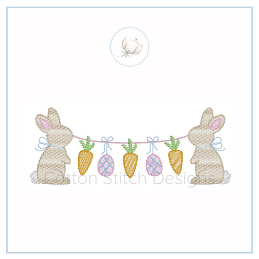 Machine Embroidery design Cotton Stitch Designs Embroidery design of two bunnies with carrots and Easter eggs on a white background.
