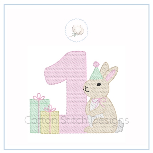Machine Embroidery design Cotton Stitch Designs Embroidery design of a bunny with a party hat next to the number '1' and gift boxes on a white background.