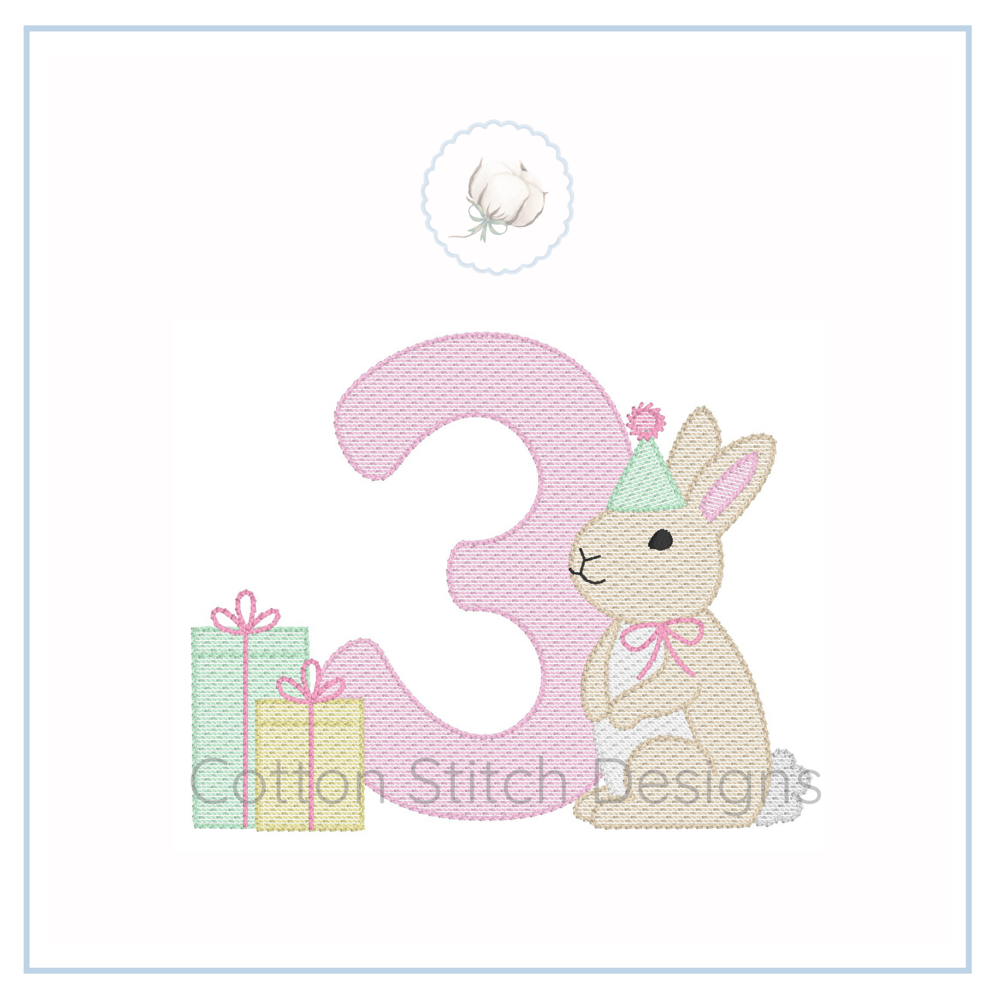 Machine Embroidery design Cotton Stitch Designs Embroidery design of a number '3' with a bunny and presents, featuring Cotton Stitch Designs logo.