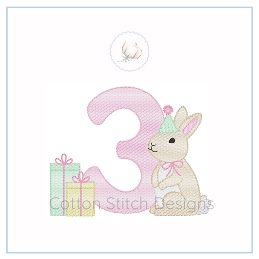 Machine Embroidery design Cotton Stitch Designs Embroidery design of a number '3' with a bunny and presents, featuring Cotton Stitch Designs logo.