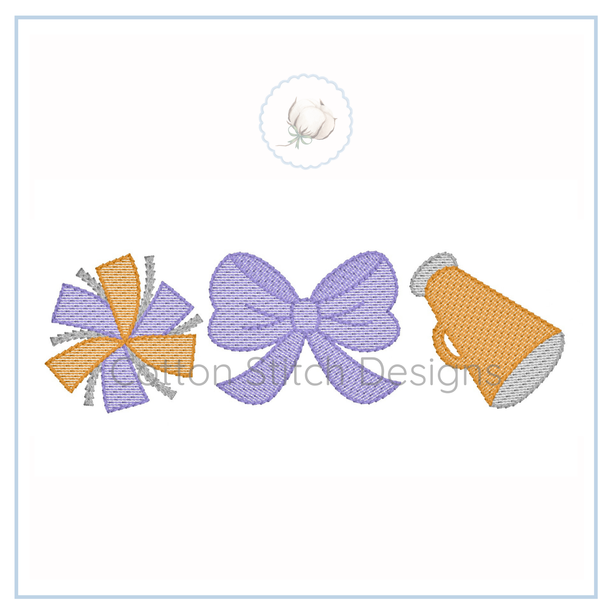 Machine Embroidery design Cotton Stitch Designs Three embroidered designs on a white background: a bow, a flower, and a bell.