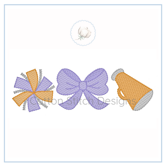 Machine Embroidery design Cotton Stitch Designs Three embroidered designs on a white background: a bow, a flower, and a bell.
