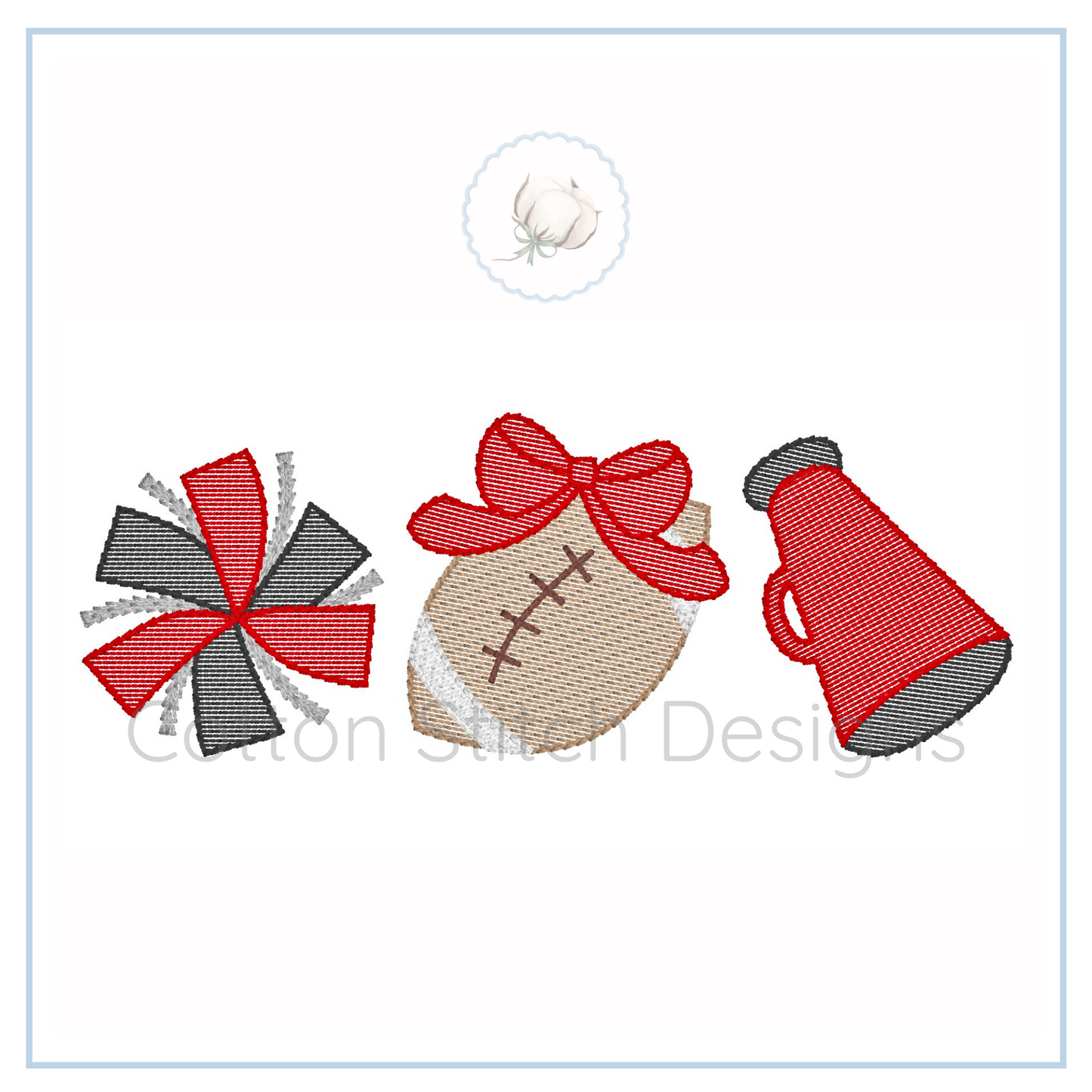 Machine Embroidery design Cotton Stitch Designs Three embroidered designs on a card: a candy cane, football, and megaphone.