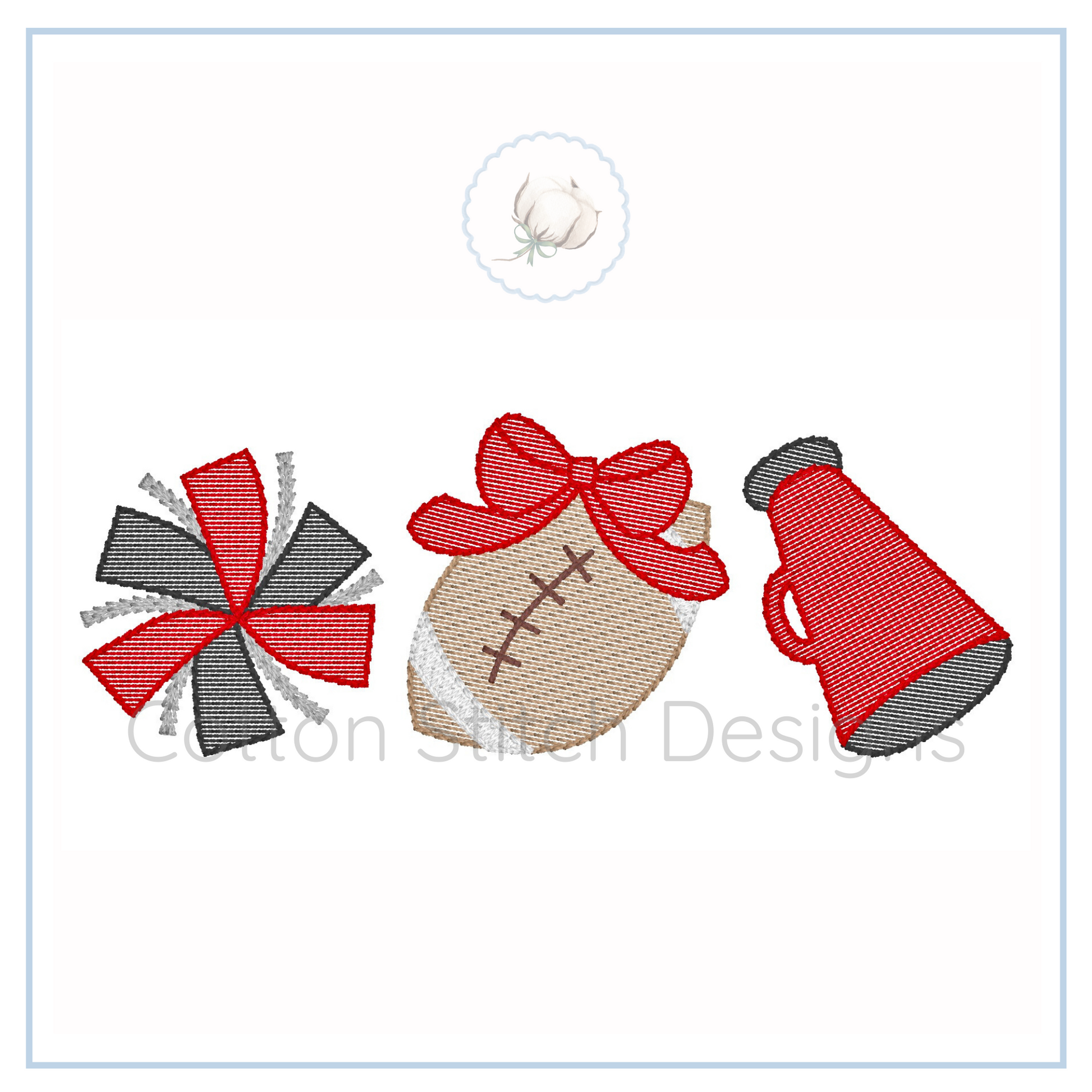 Machine Embroidery design Cotton Stitch Designs Three embroidered designs on a card: a candy cane, football, and megaphone.