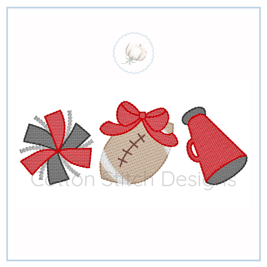 Machine Embroidery design Cotton Stitch Designs Three embroidered designs on a card: a candy cane, football, and megaphone.