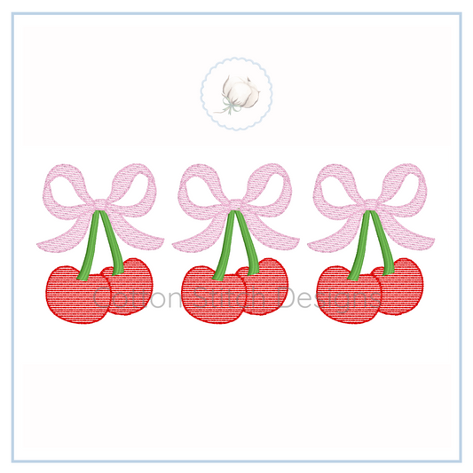 Machine Embroidery design Cotton Stitch Designs Embroidered design of cherries with pink ribbons on a white background