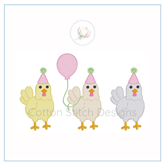Machine Embroidery design Cotton Stitch Designs Cotton Stitch Designs Three chickens with party hats and a pink balloon on a white background